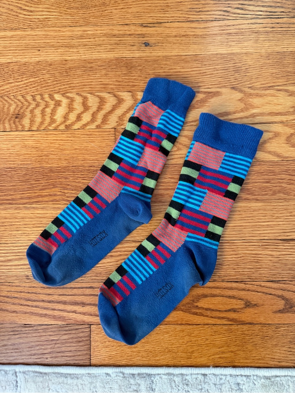 Men's Blue Geometric Crew Socks with Multicolor Blocks